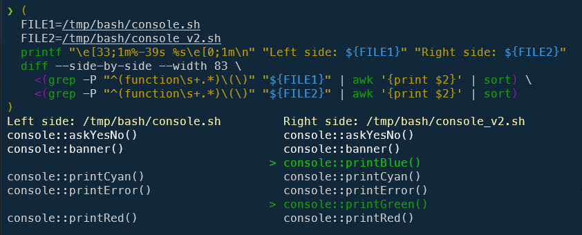 Compare the two versions of the same Bash script and shows which functions are in one and not the other