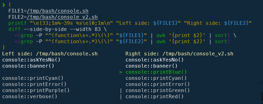 Compare the two versions of the same Bash script and shows which functions are not the same in both files