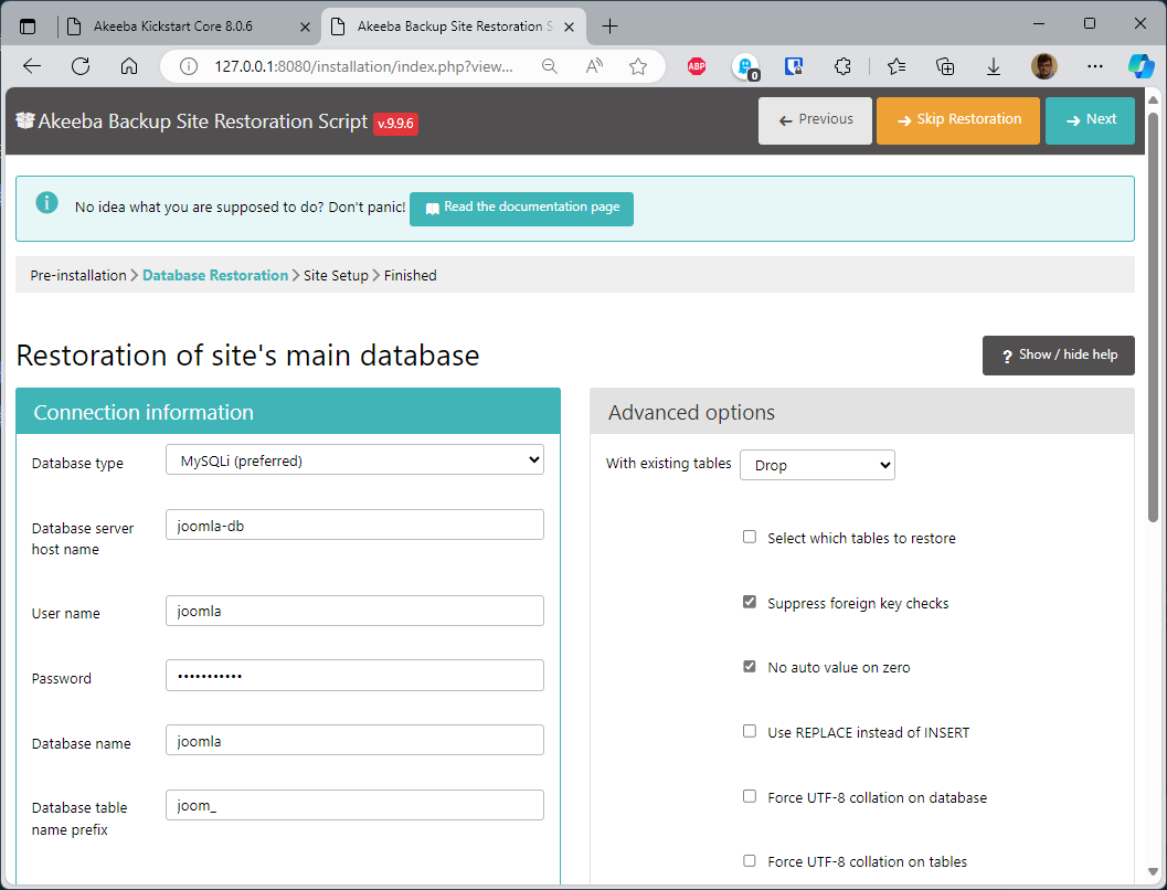 Restoring the database