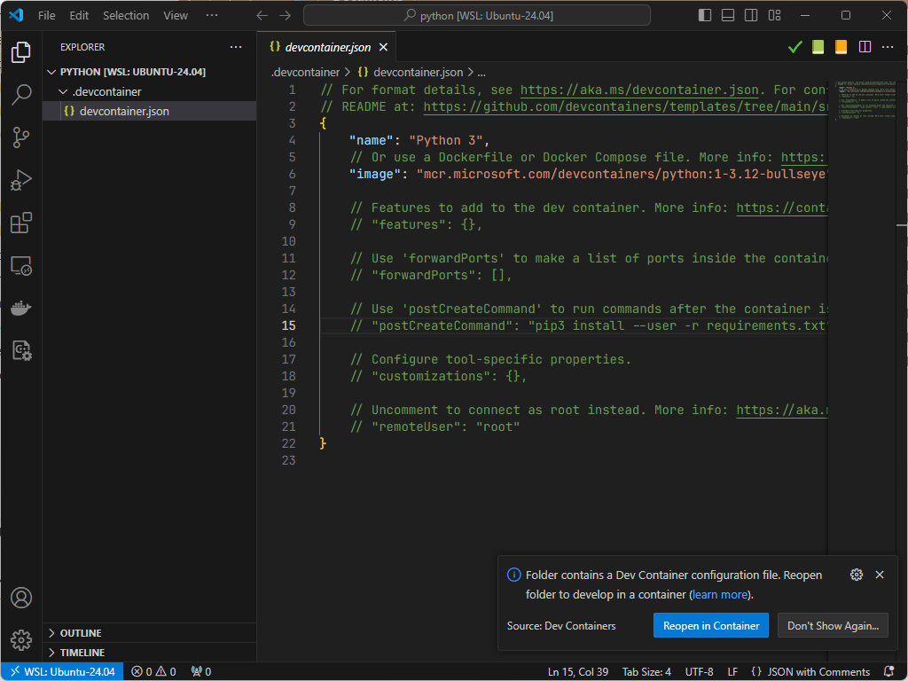 VSCode has created the .devcontainer/devcontainer.json file