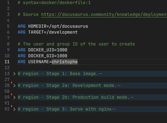 Now, VSCode supports regions in Dockerfile